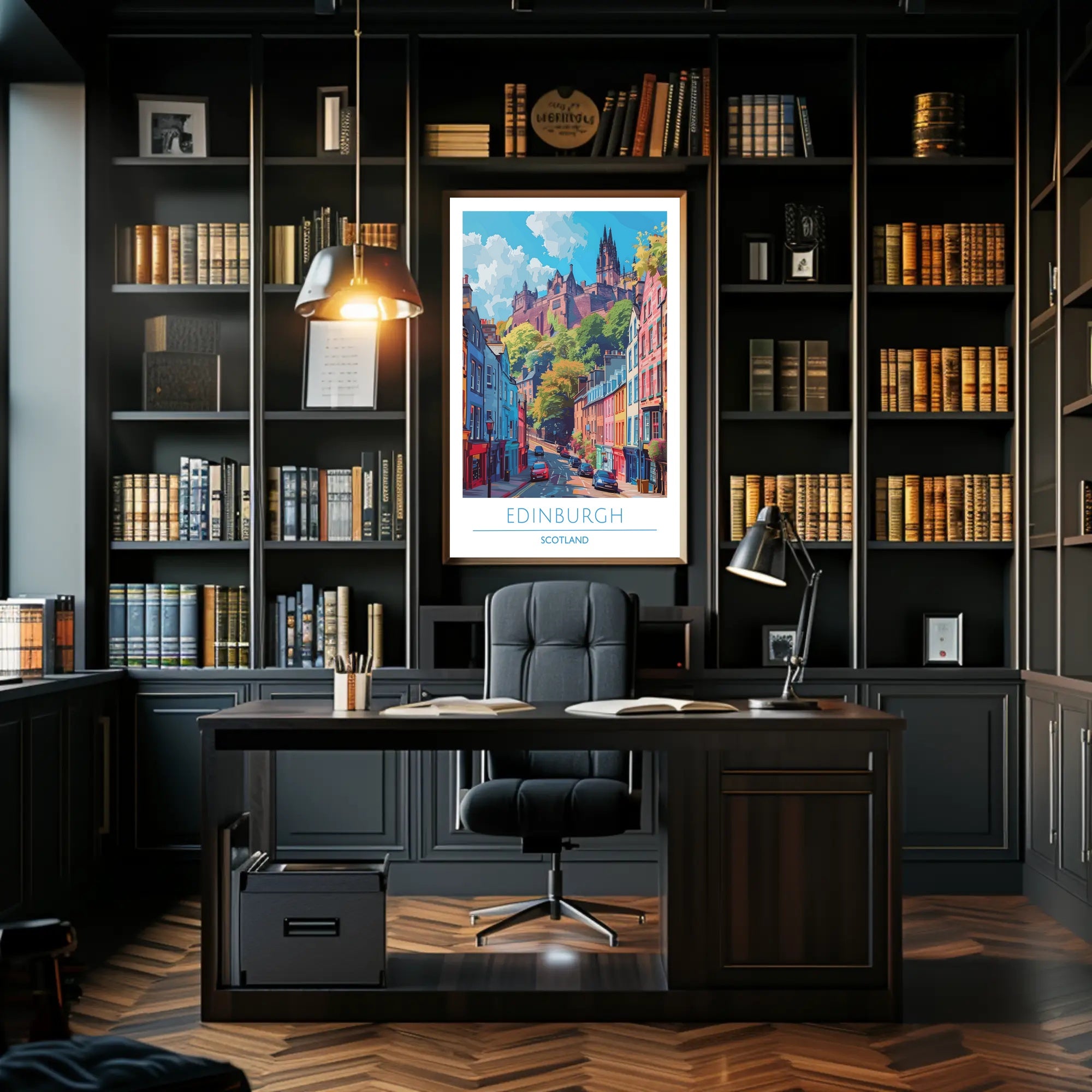 Edinburgh Street Scene with Castle Travel Poster