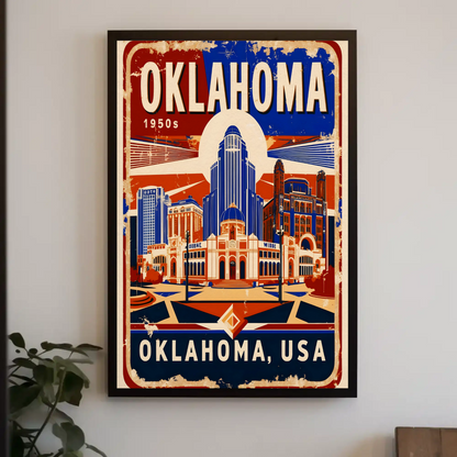 Oklahoma USA 1950s Art Deco Capitol Vintage Travel Poster