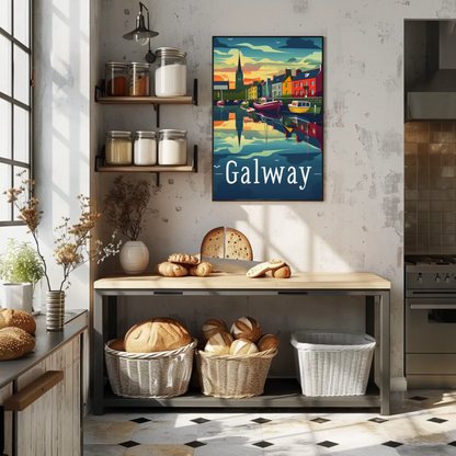 Evening Harbor Scene Galway Ireland Travel Poster