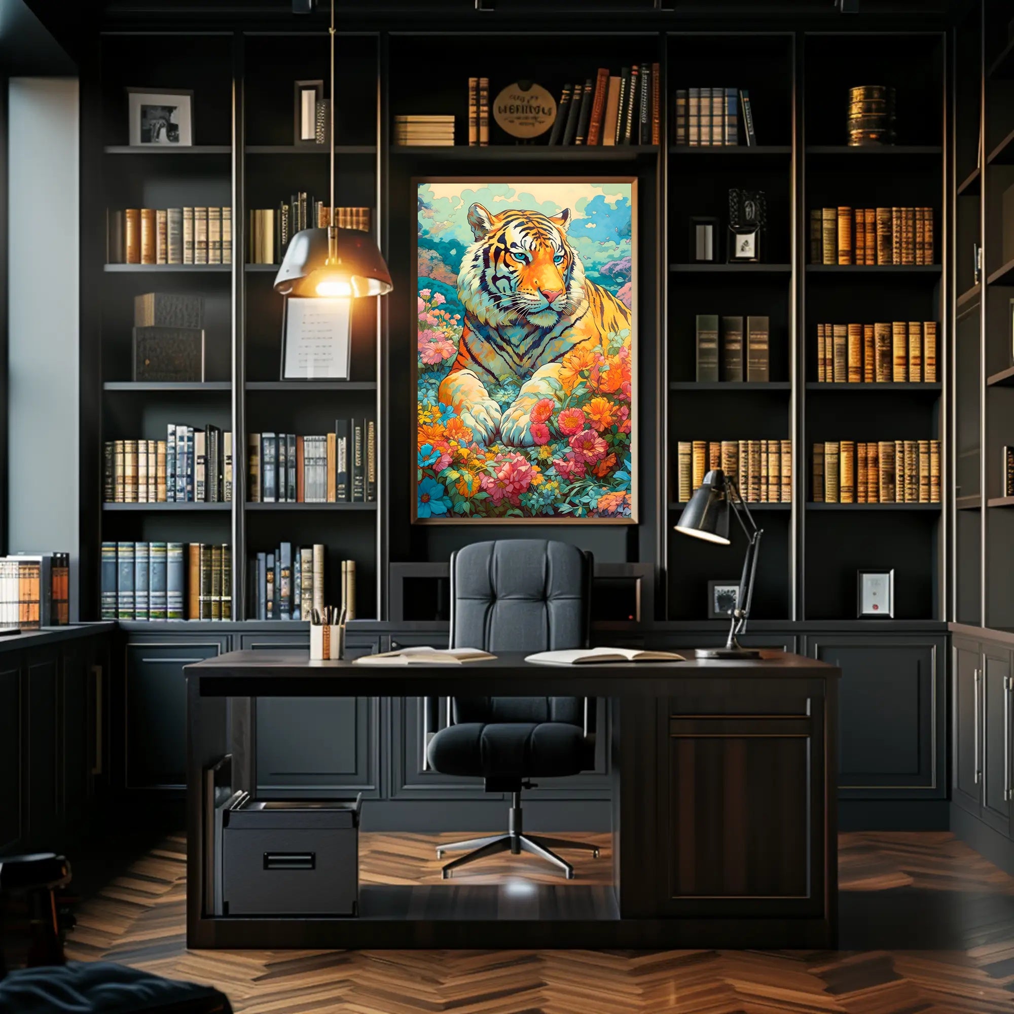 Majestic Tiger in Lush Garden Animal Poster