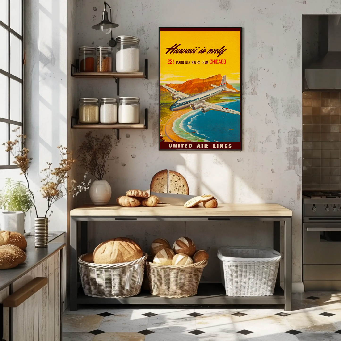 Hawaii United Chicago Flight Scenic Travel Poster