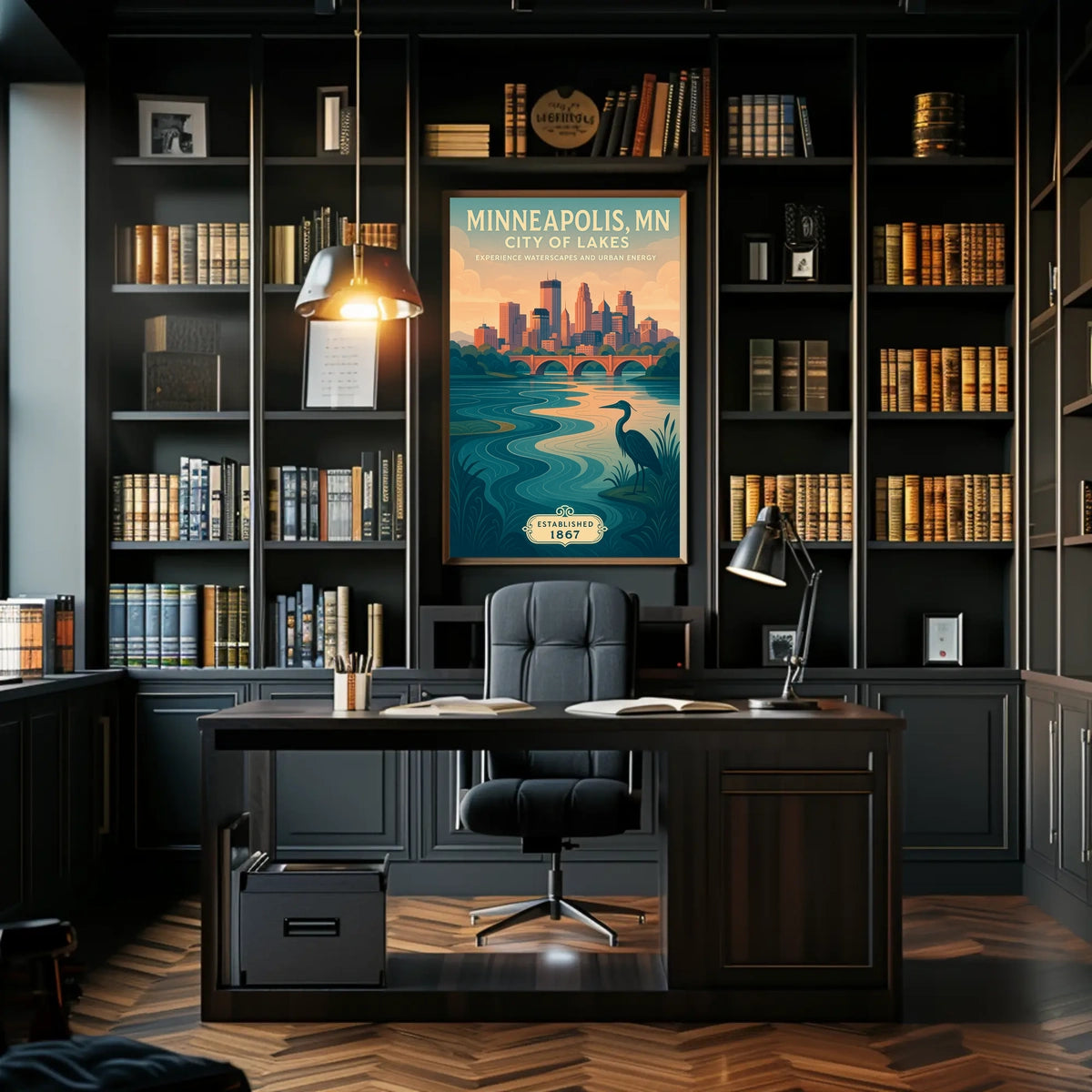 The poster depicts a serene and picturesque representation of Minneapolis, Minnesota, known as Travel Poster