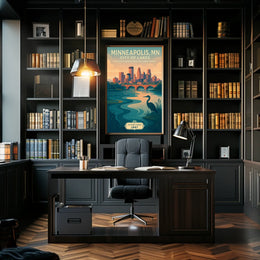 The poster depicts a serene and picturesque representation of Minneapolis, Minnesota, known as Travel Poster