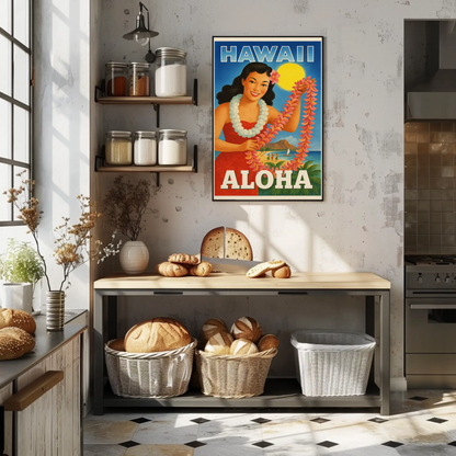 Vintage Hawaii Girl Lei Diamond Head Beach Travel Poster