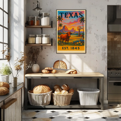 Texas Sunset Longhorn Windmill Landscape Travel Poster