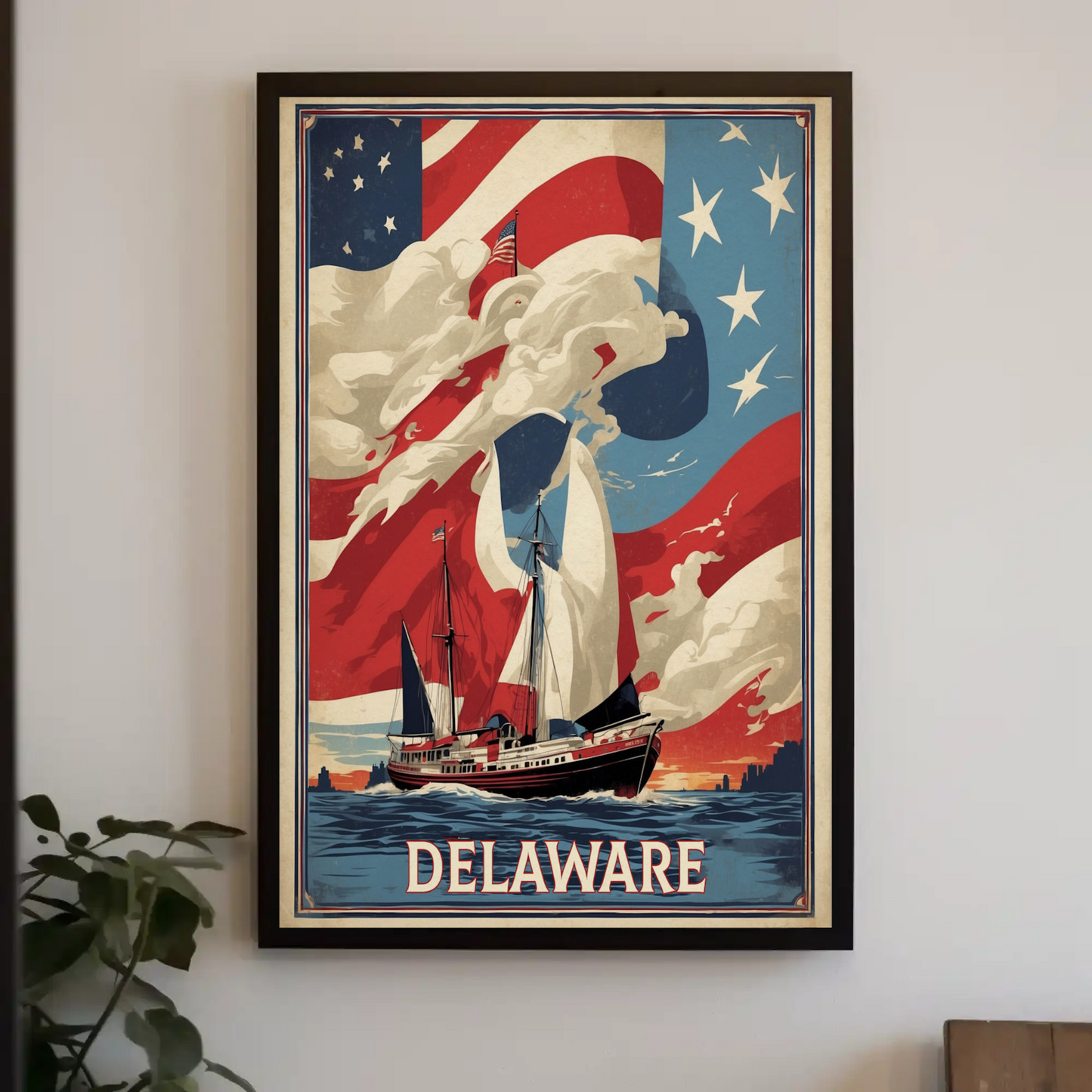 Delaware Sailboat Flag Sky Vintage Travel Poster