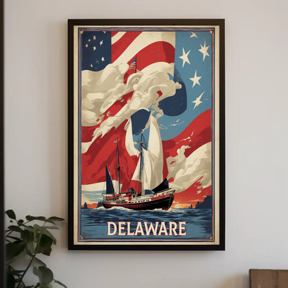 Delaware Sailboat Flag Sky Vintage Travel Poster