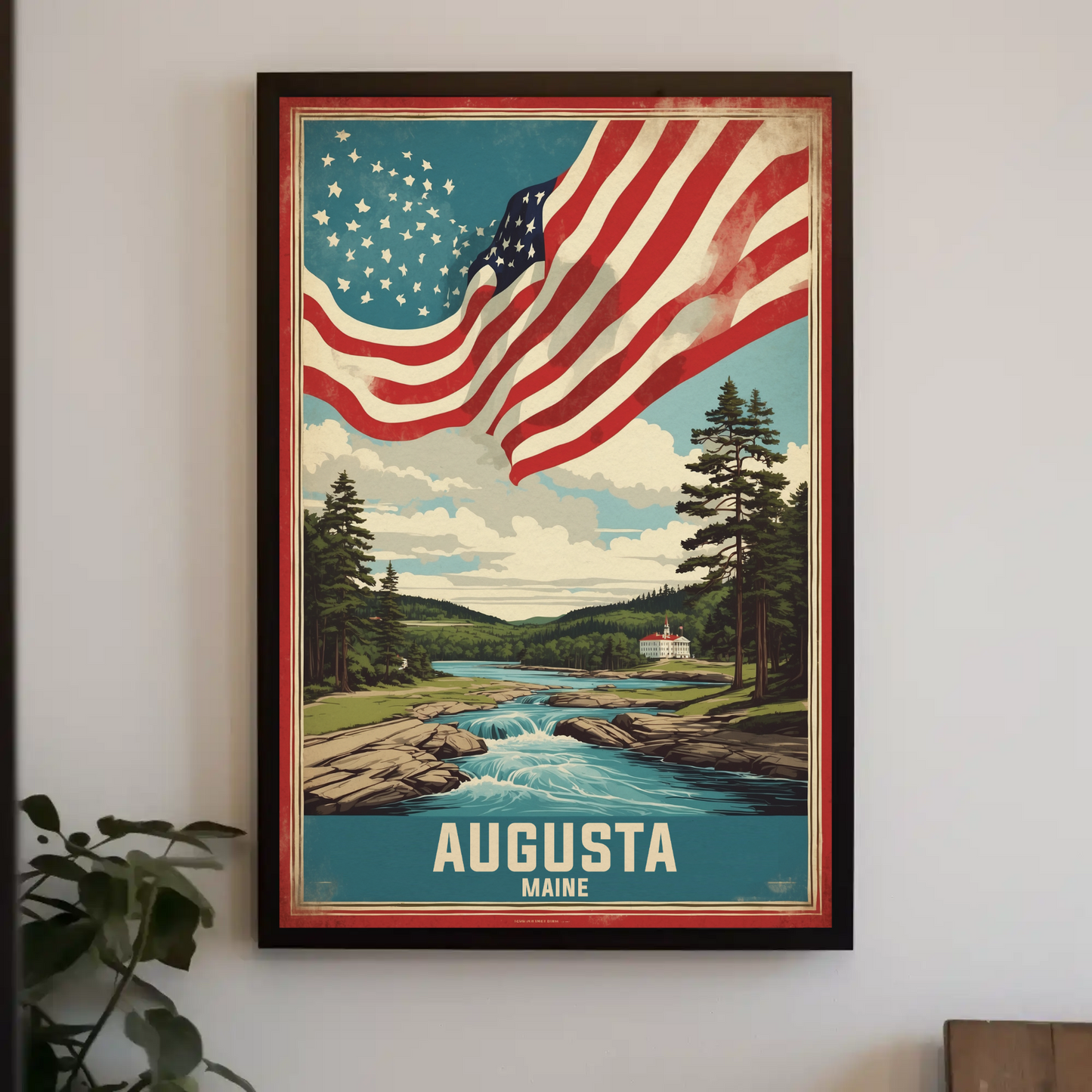 Augusta Maine River Retreat Vintage Travel Poster