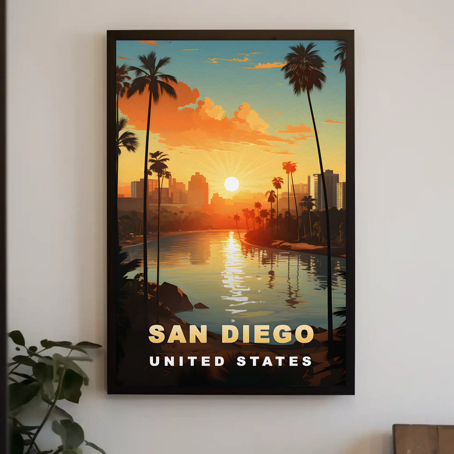San Diego California Coastline Sunset Palms Vintage Travel Poster