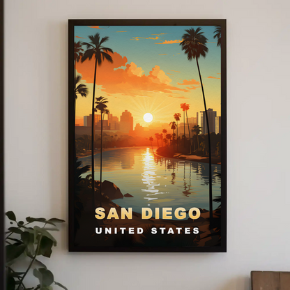 San Diego California Coastline Sunset Palms Vintage Travel Poster