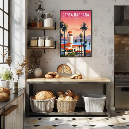 Santa Barbara California Palm Coast Sunset Travel Poster
