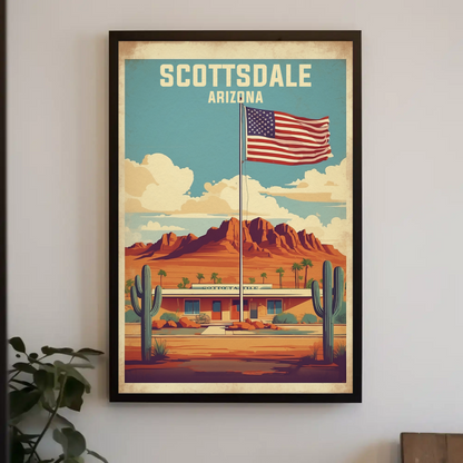 Scottsdale Arizona Desert Flag Cactus Vintage Travel Poster