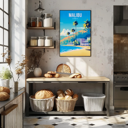 Malibu California Palm Trees Beach Hotel Hills Travel Poster