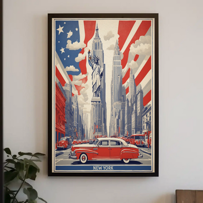 New York Statue Liberty Skyline Vintage Travel Poster