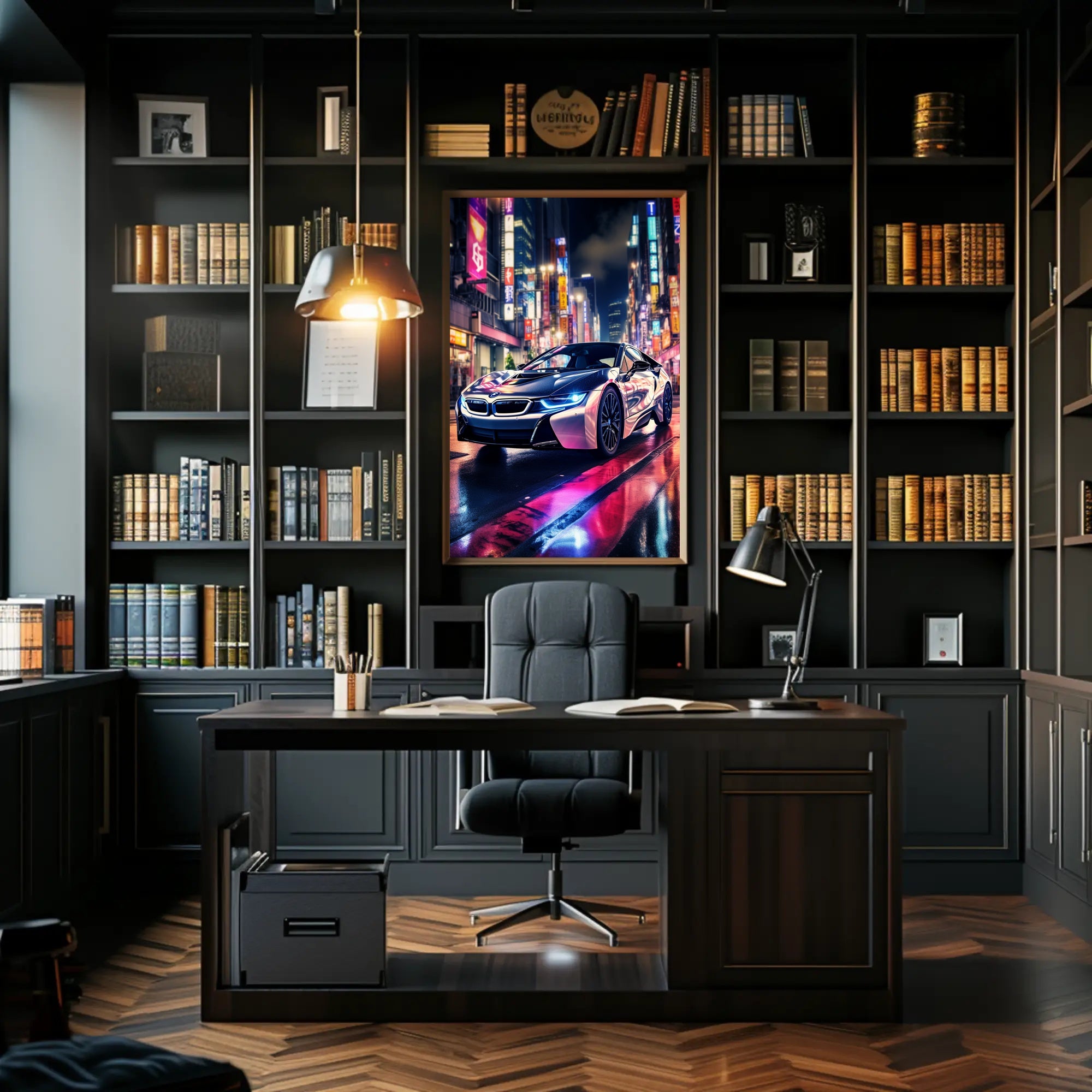 Futuristic Elegance on Neon Streets Poster PosterGoat