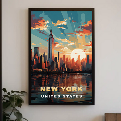New York City Empire Sunset Reflection Vintage Travel Poster
