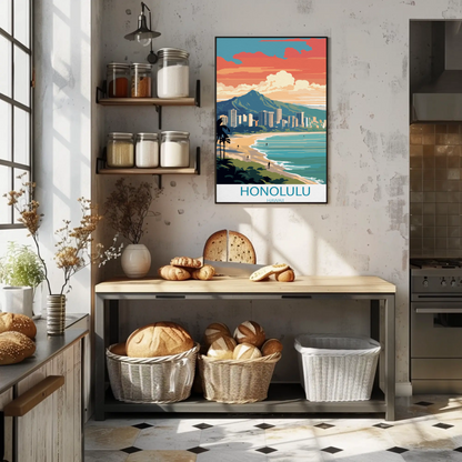 Honolulu Hawaii Sunset Skyline Modern Minimal Travel Poster