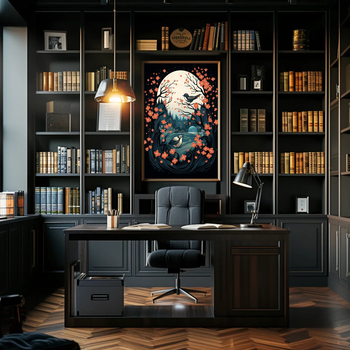 Serene Moonlit Birds Nature Art Poster