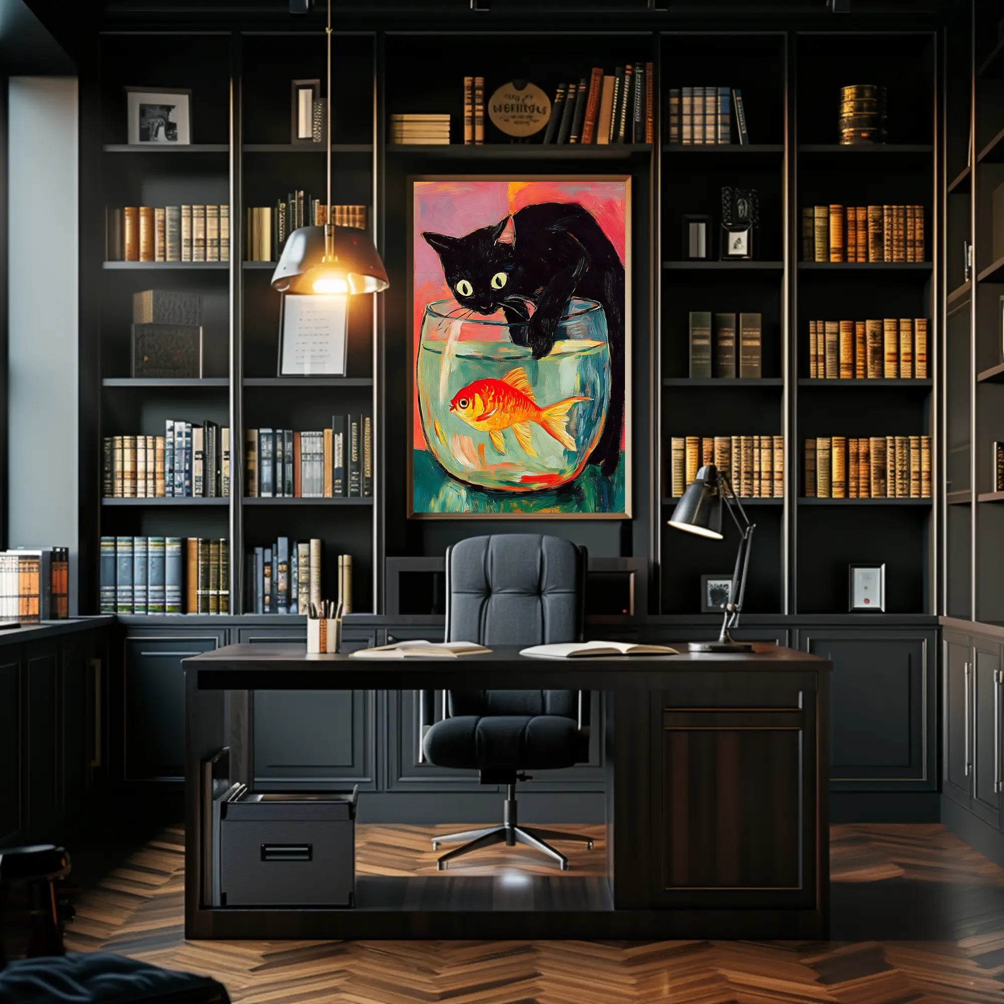 Curious Cat And Goldfish Poster Colorful Art Print