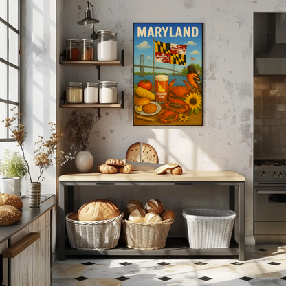 Maryland Crab Bridge Beer Corn Bird Flag Travel Poster