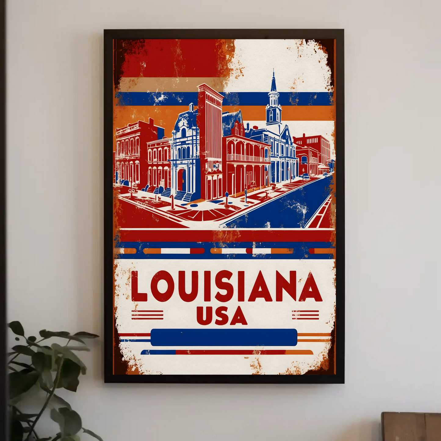 Louisiana USA French Quarter Street Vintage Maroon Travel Poster