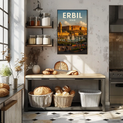 Erbil Iraq Citadel Market Fountains Travel Poster