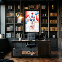 Playful watercolor of a llama wearing a stars and stripes hat and sunglasses standing in front of bunting and balloons in red white and blue Poster