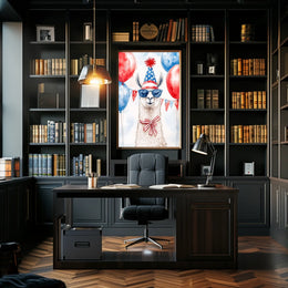 Playful watercolor of a llama wearing a stars and stripes hat and sunglasses standing in front of bunting and balloons in red white and blue Poster
