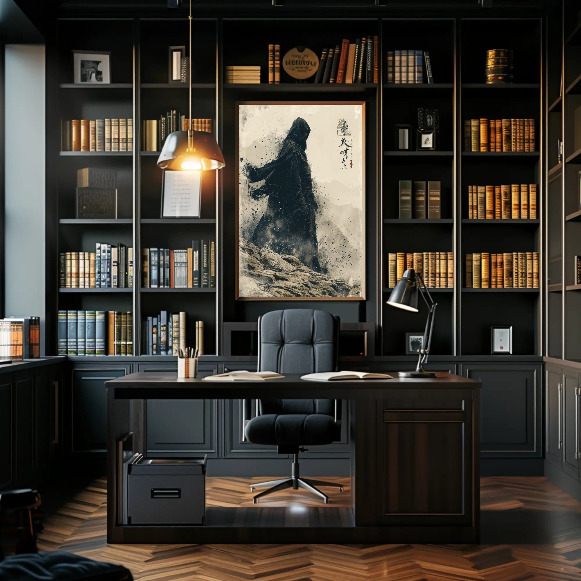 Mystical Hooded Figure in Rugged Landscape Artistic Poster PosterGoat