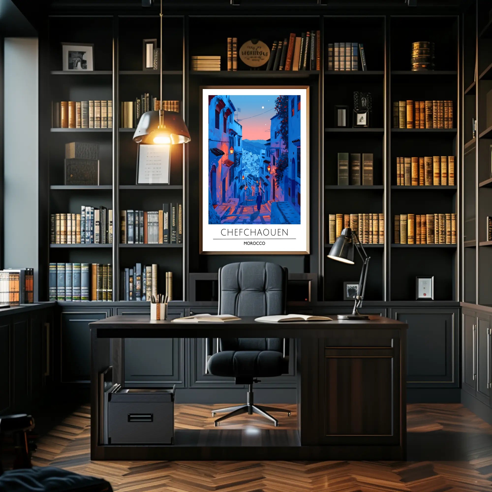 Chefchaouen Twilight: Dreamy Moroccan Urban Cityscape Poster