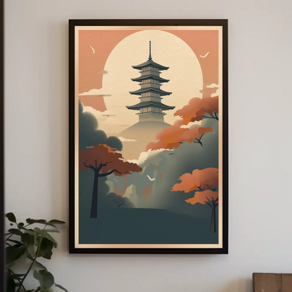 Sunset Pagoda Japan Mountain Haze Vintage Travel Poster