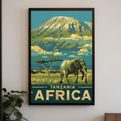 Tanzania Africa Elephant Kilimanjaro Safari Vintage Travel Poster