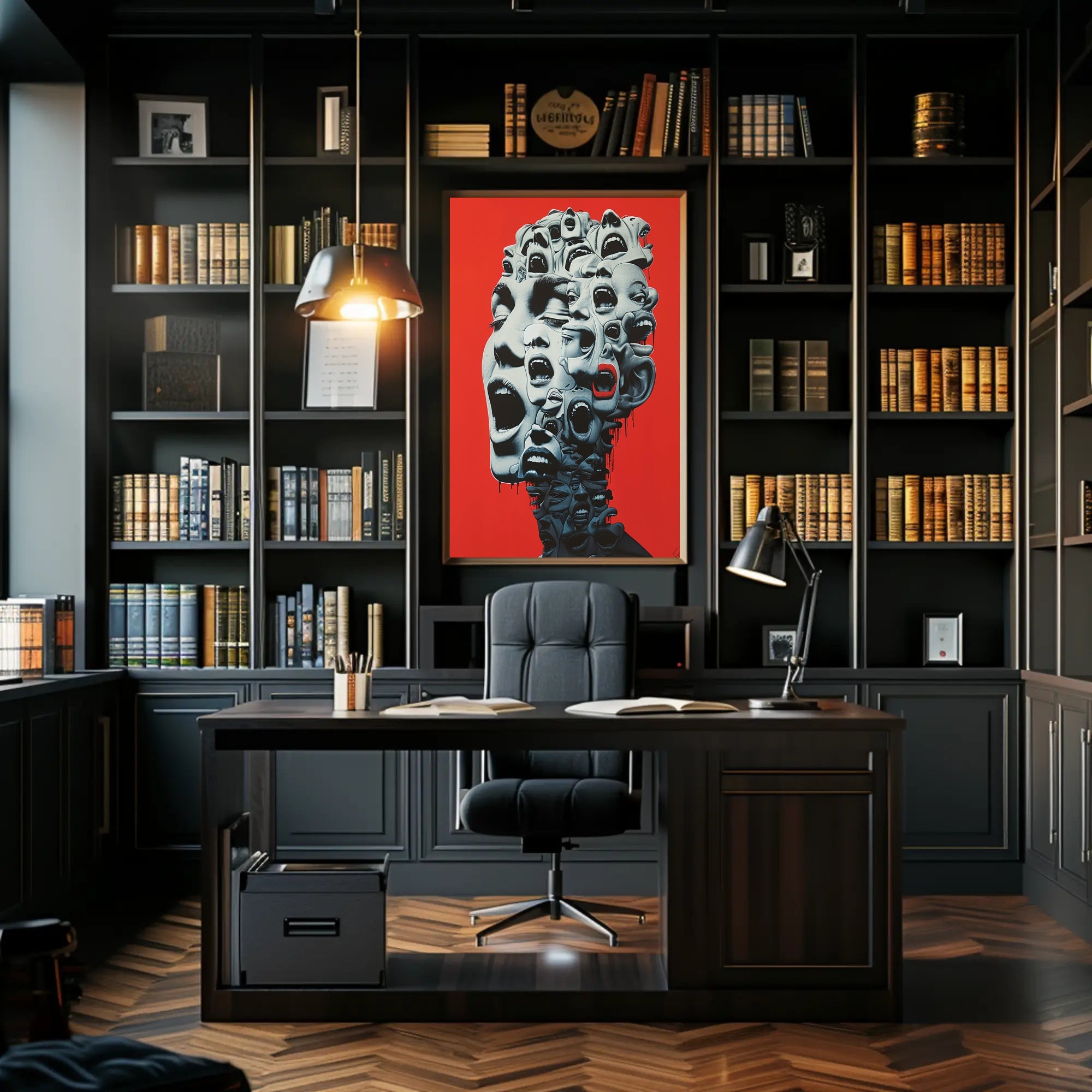 Surreal Faces Collage Poster: Red Background Art PosterGoat