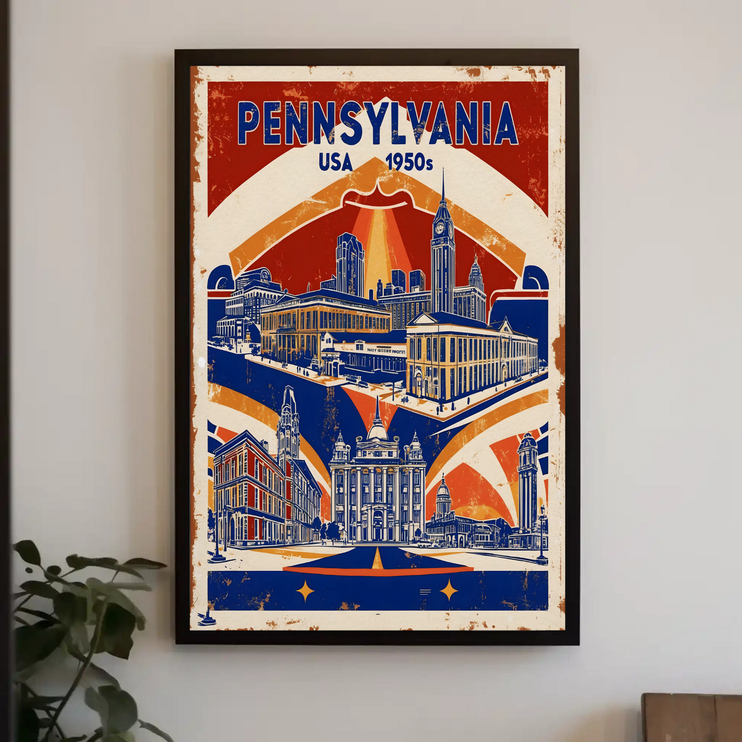 Pennsylvania USA 1950s Monument Skyline Vintage Travel Poster