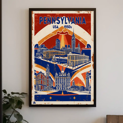 Pennsylvania USA 1950s Monument Skyline Vintage Travel Poster