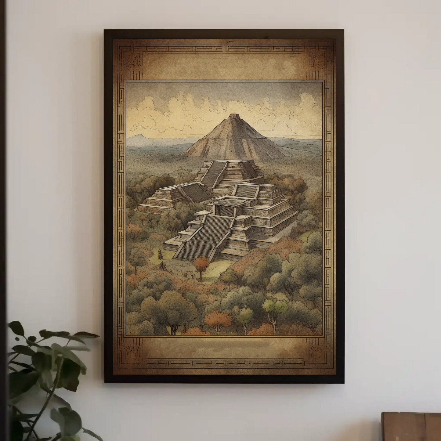 Mexico Teotihuacan Pyramids Volcano Vintage Travel Poster