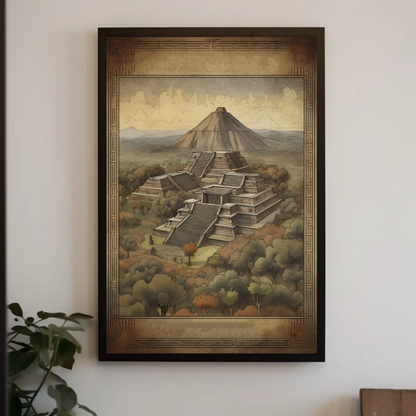 Mexico Teotihuacan Pyramids Volcano Vintage Travel Poster