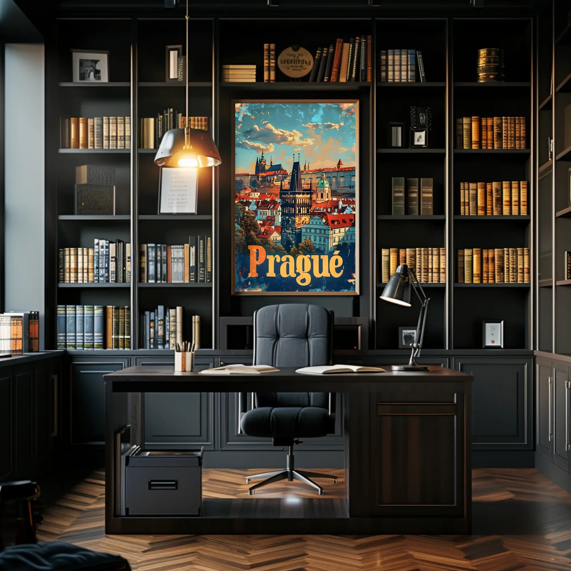 Prague Skyline Art Deco Travel Poster
