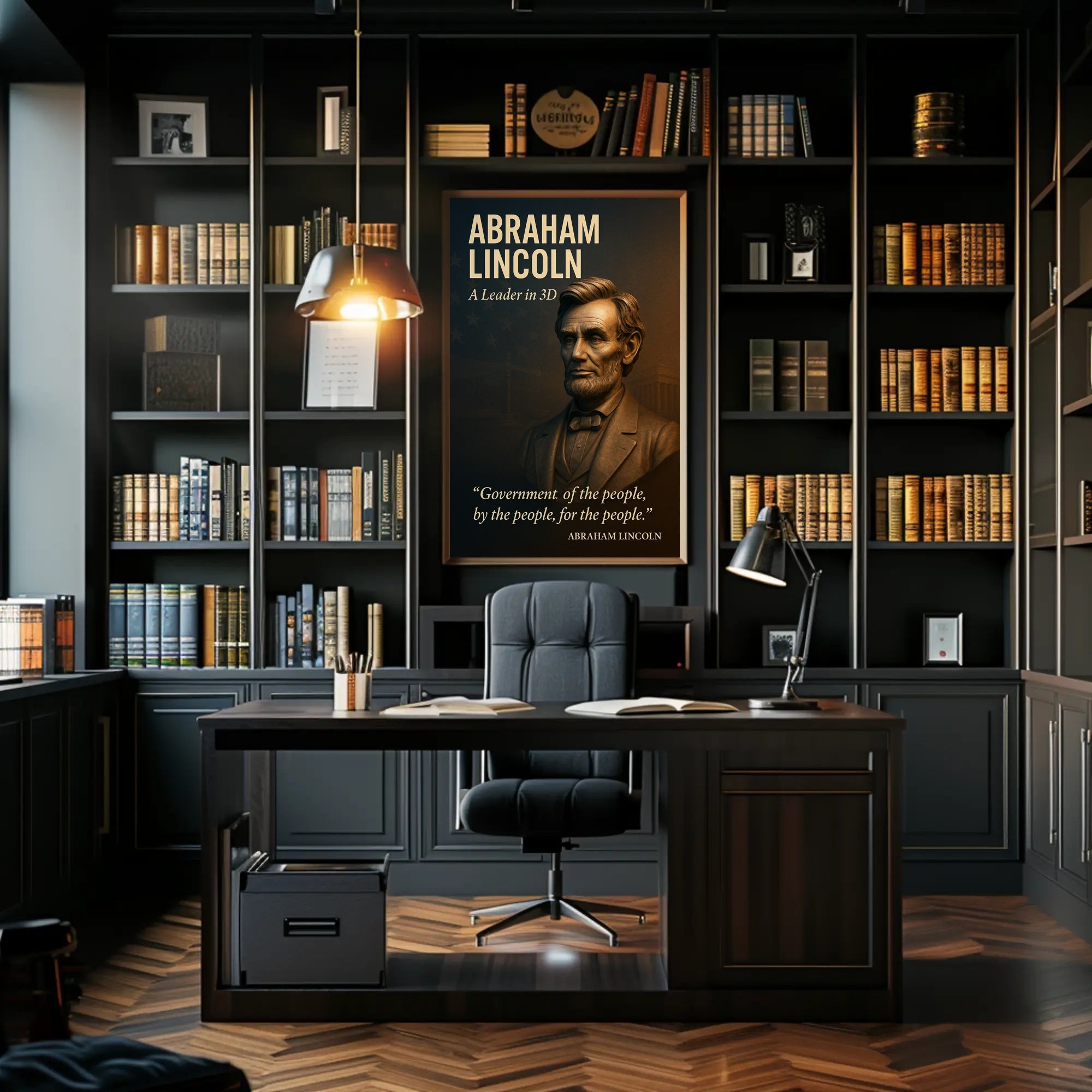 Abraham Lincoln 3D Portrait with Patriotic Quote Historical Poster PosterGoat