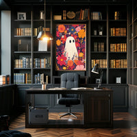 Ghostly Figure Amidst Flowers Whimsical Playful Poster
