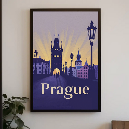 Prague Charles Bridge Sunset Silhouettes Poster