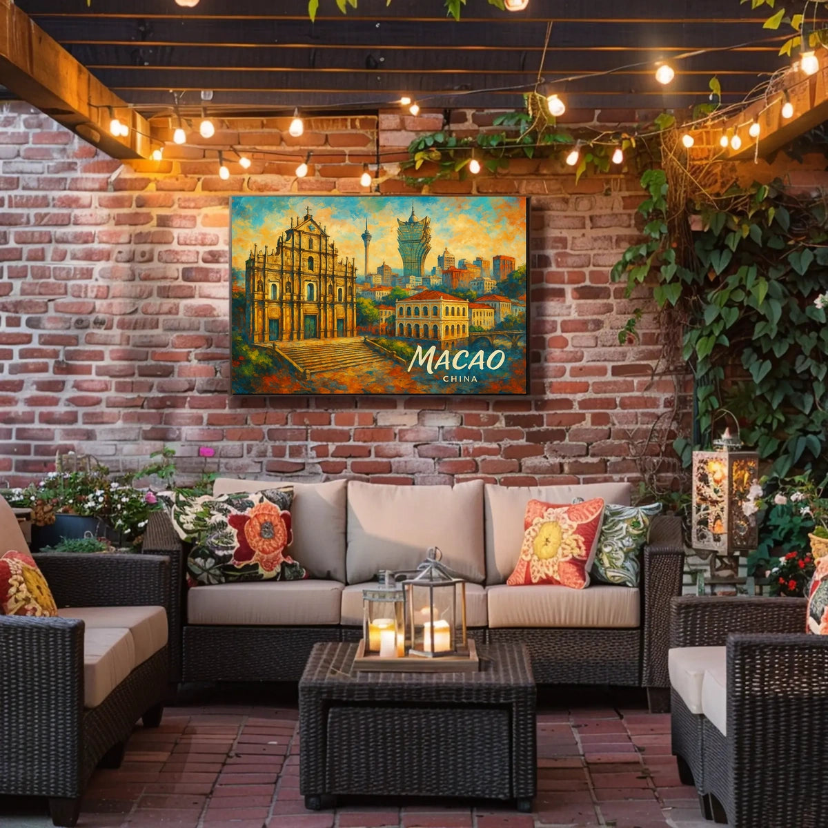 Macao Cityscape Vibrant Night View Digital Painting Poster