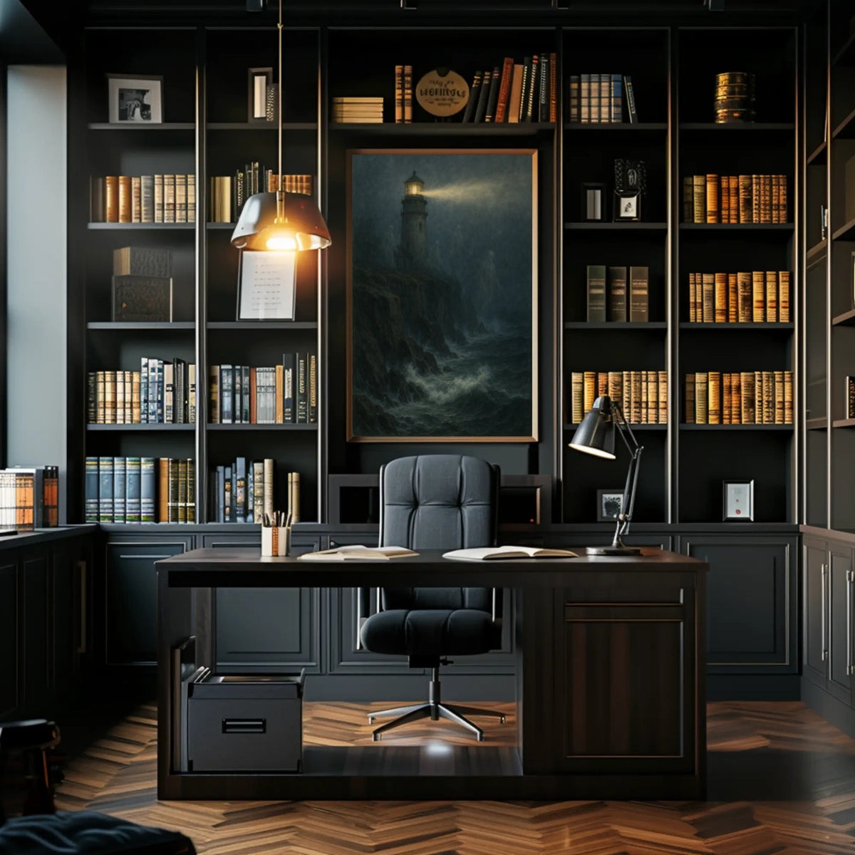 Lighthouse Mystery Eerie Coastal Night Artful Expressionism Moody Seashore Beacon Poster