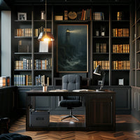 Lighthouse Mystery Eerie Coastal Night Artful Expressionism Moody Seashore Beacon Poster