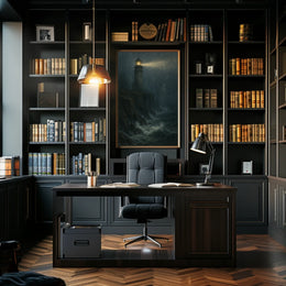 Lighthouse Mystery Eerie Coastal Night Artful Expressionism Moody Seashore Beacon Poster