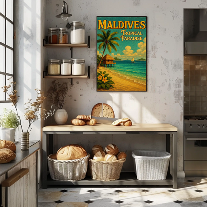 Maldives Tropical Hut With Sailboat Scene Travel Poster