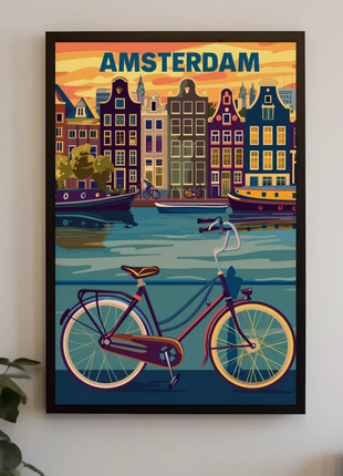 Amsterdam Holland Bicycle Canals Sunset Vintage Travel Poster