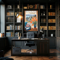 Scenic View of Auckland: Cozy Interior with Blue Armchair and Harbor Poster