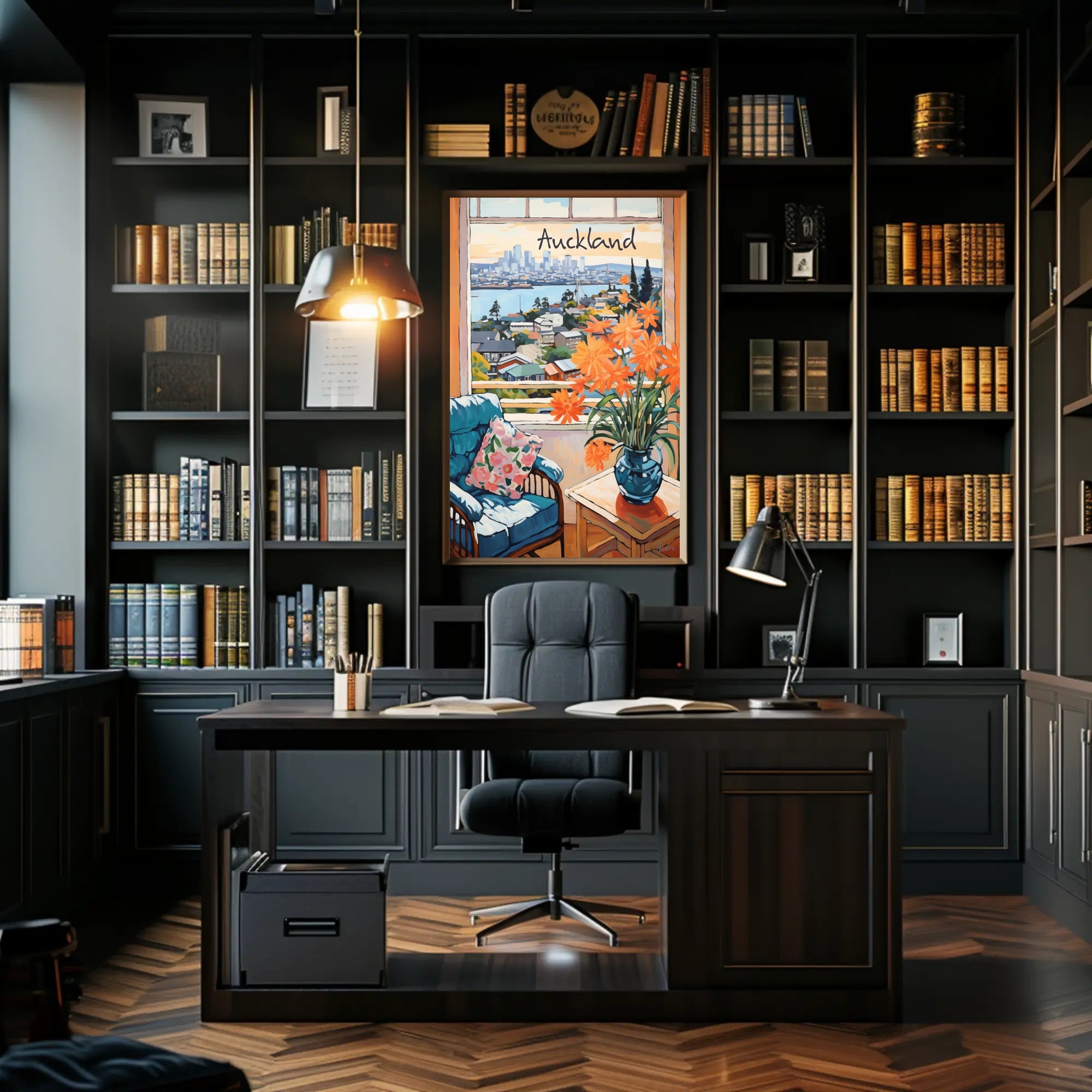 Scenic View of Auckland: Cozy Interior with Blue Armchair and Harbor Poster