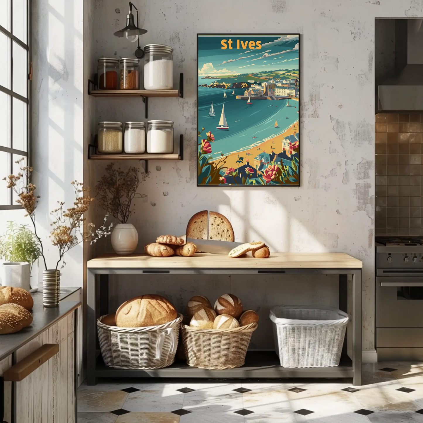 St Ives Cornwall Coastline Sailboats Flowers Travel Poster